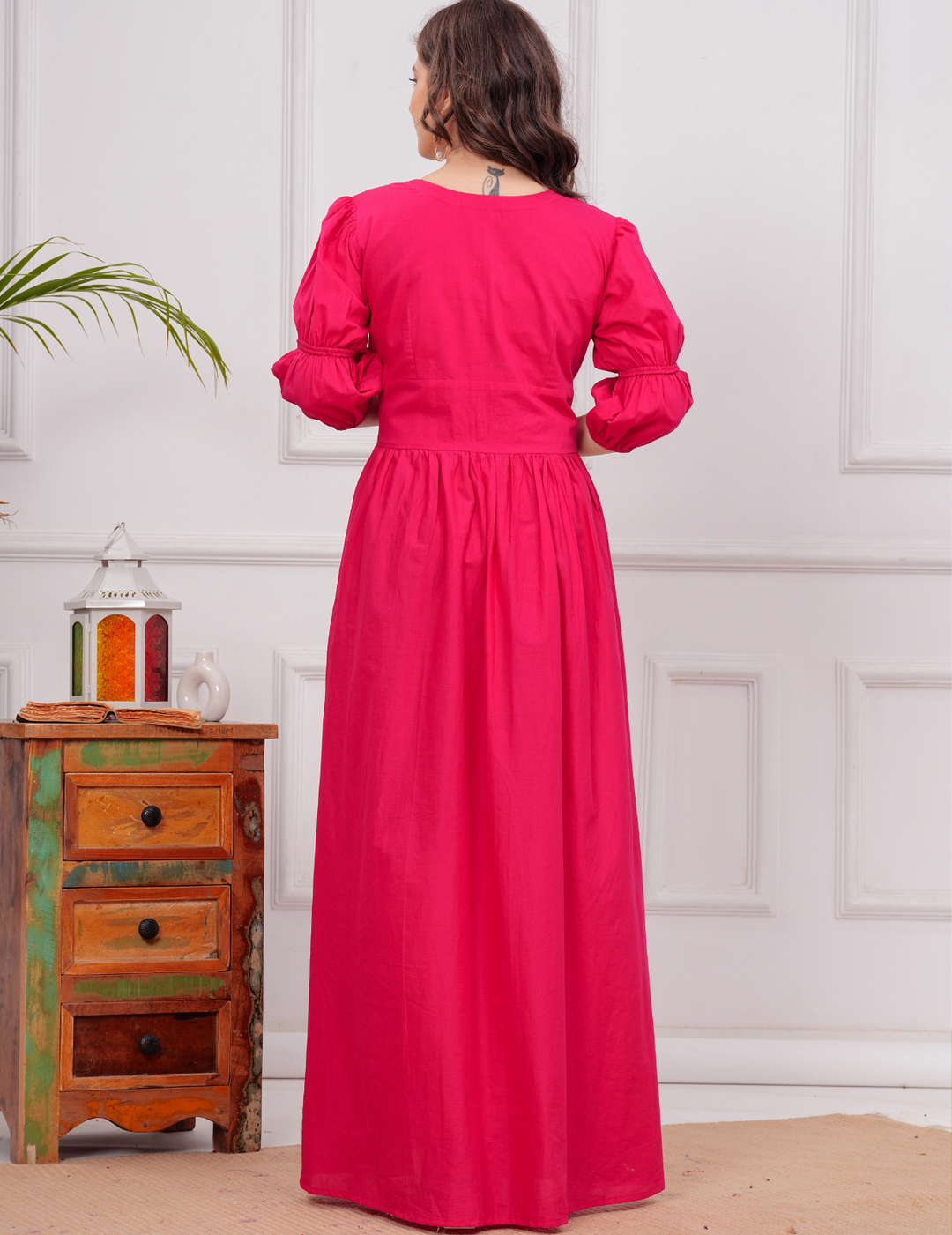 Elegant Hot Pink Maxi Dress with Button-Front Design