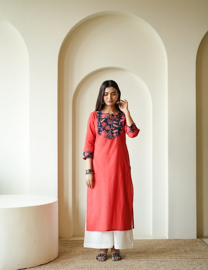 Rust Floral Yoke Cambric Cotton Kurta