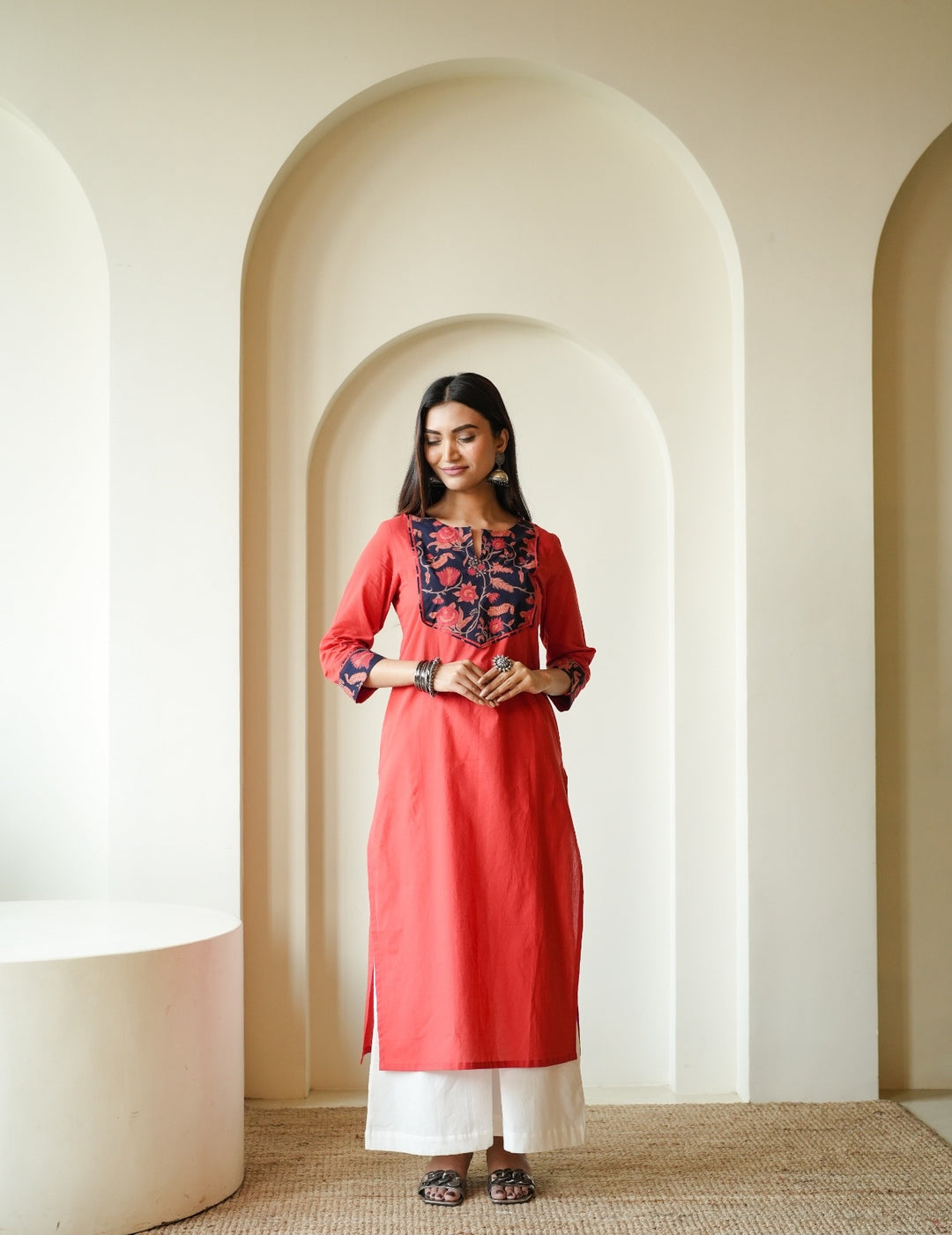 Rust Floral Yoke Cambric Cotton Kurta
