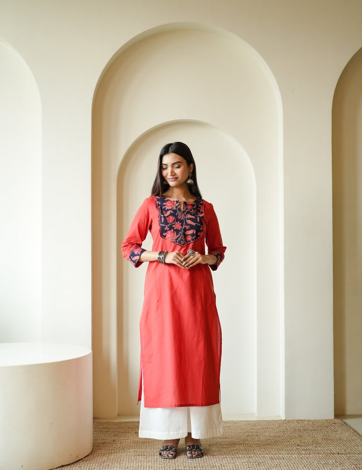 Rust Floral Yoke Cambric Cotton Kurta
