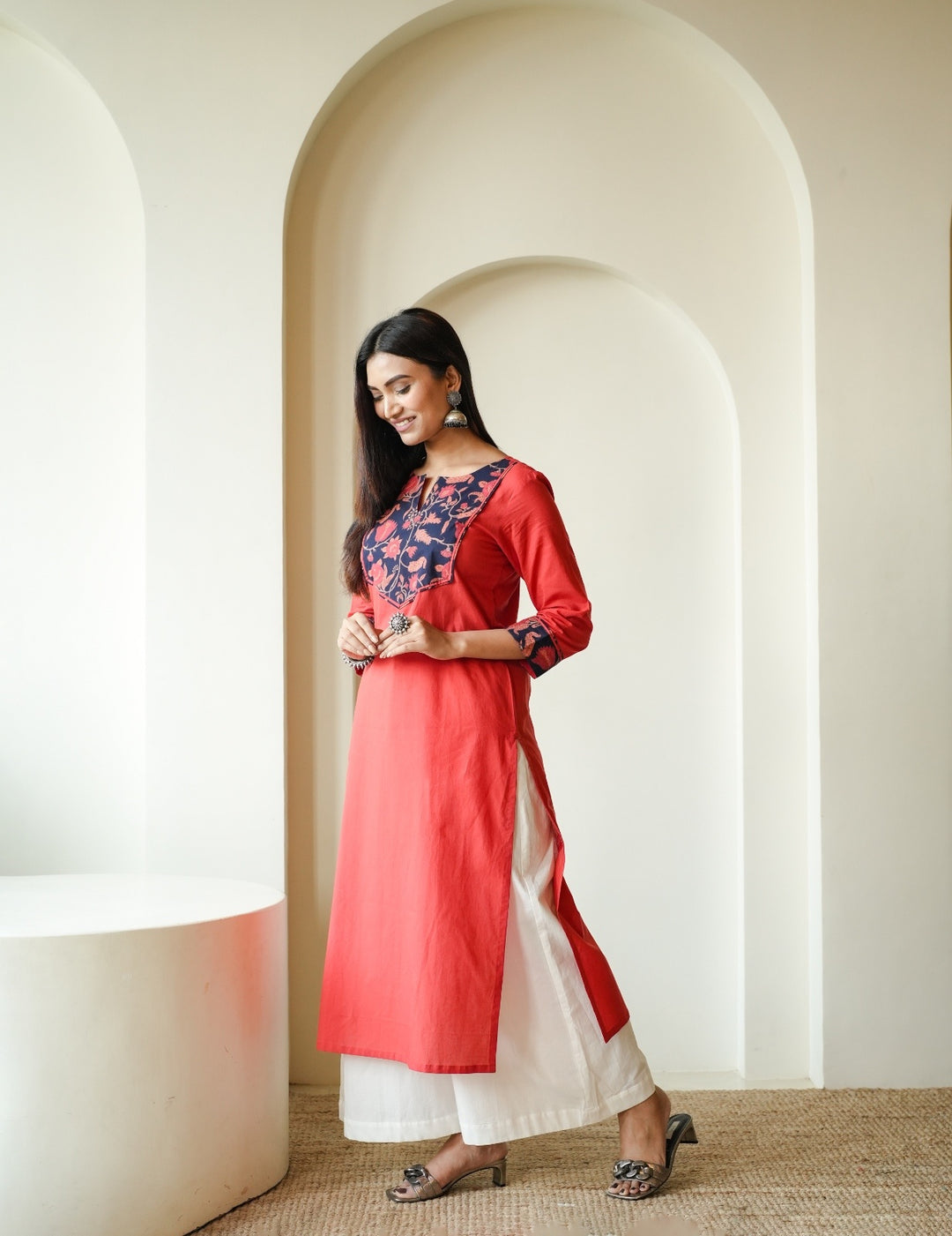 Rust Floral Yoke Cambric Cotton Kurta