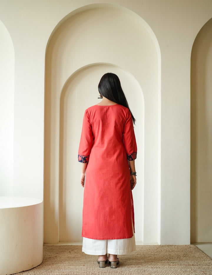 Rust Floral Yoke Cambric Cotton Kurta