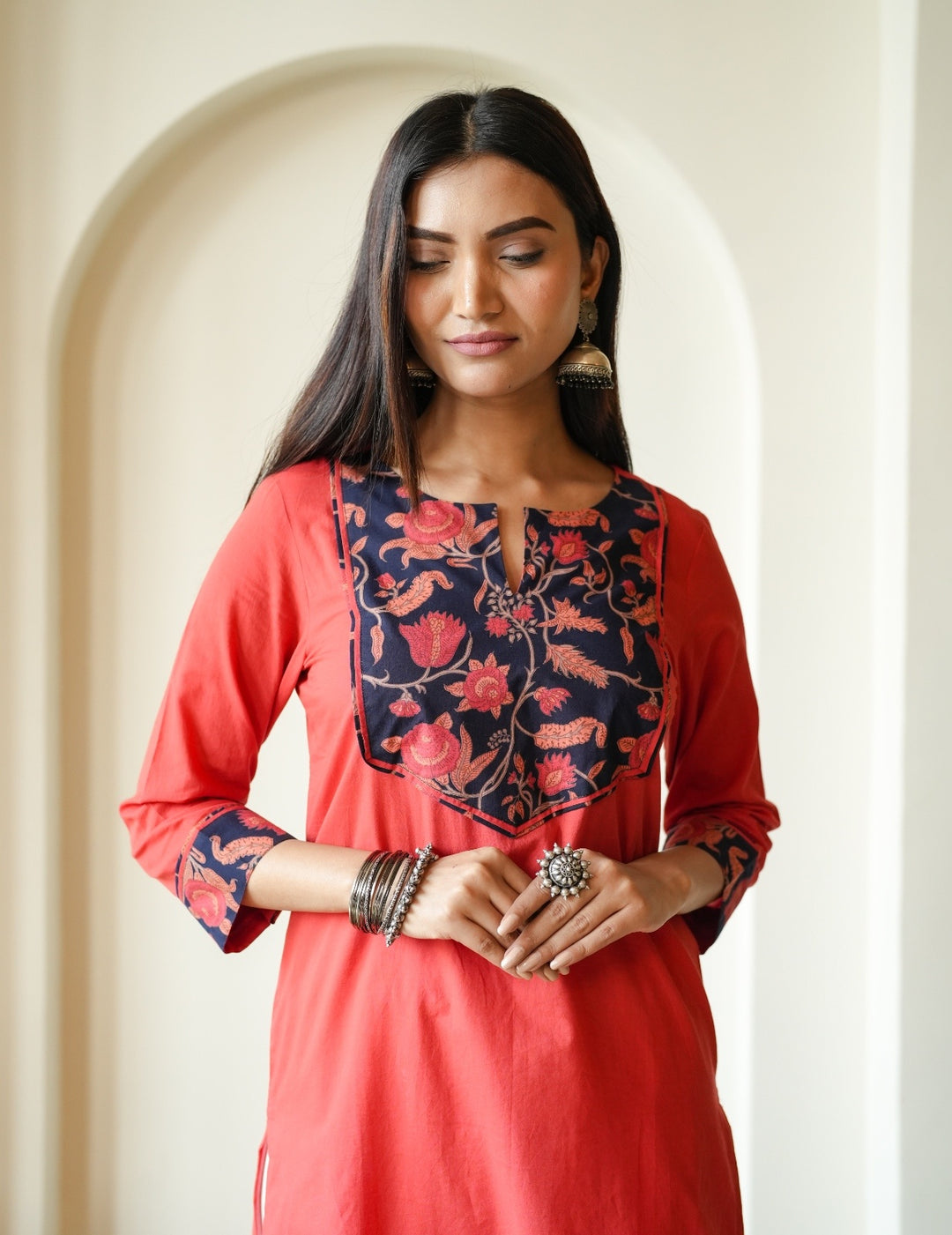 Rust Floral Yoke Cambric Cotton Kurta