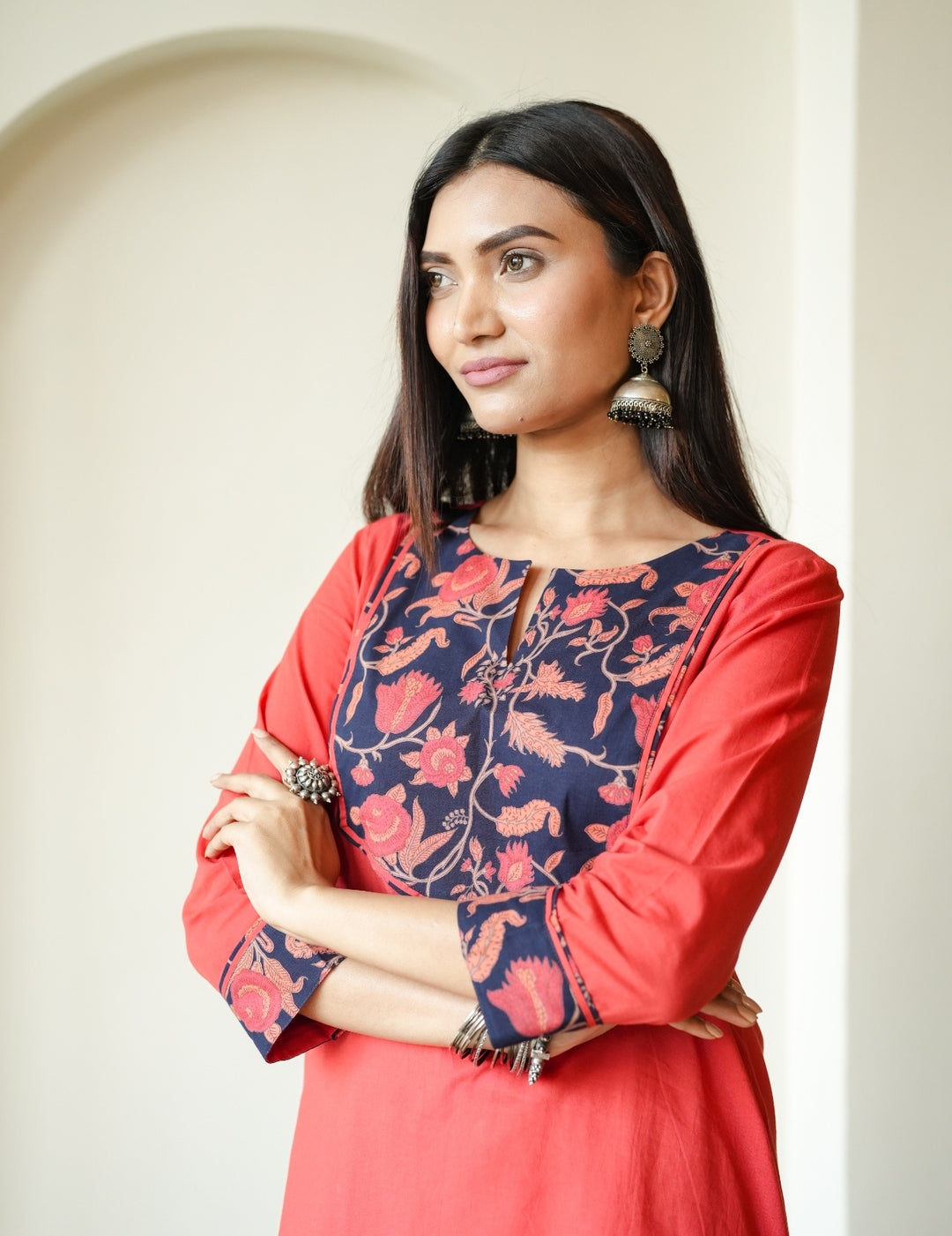 Rust Floral Yoke Cambric Cotton Kurta