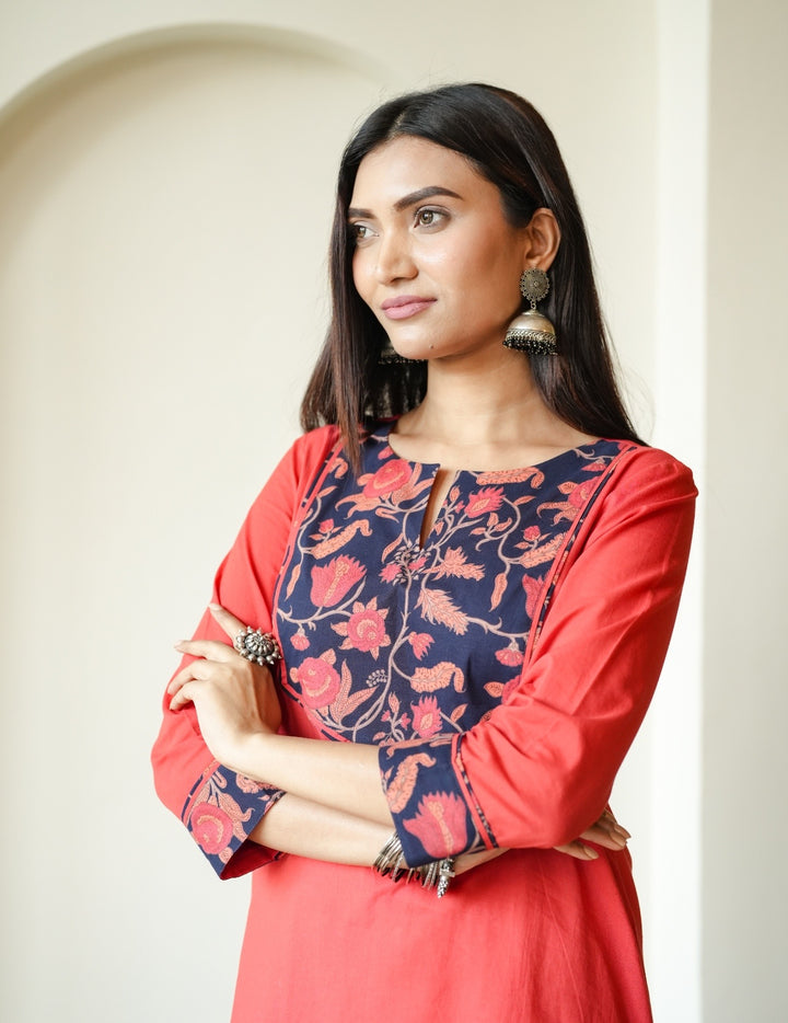 Rust Floral Yoke Cambric Cotton Kurta