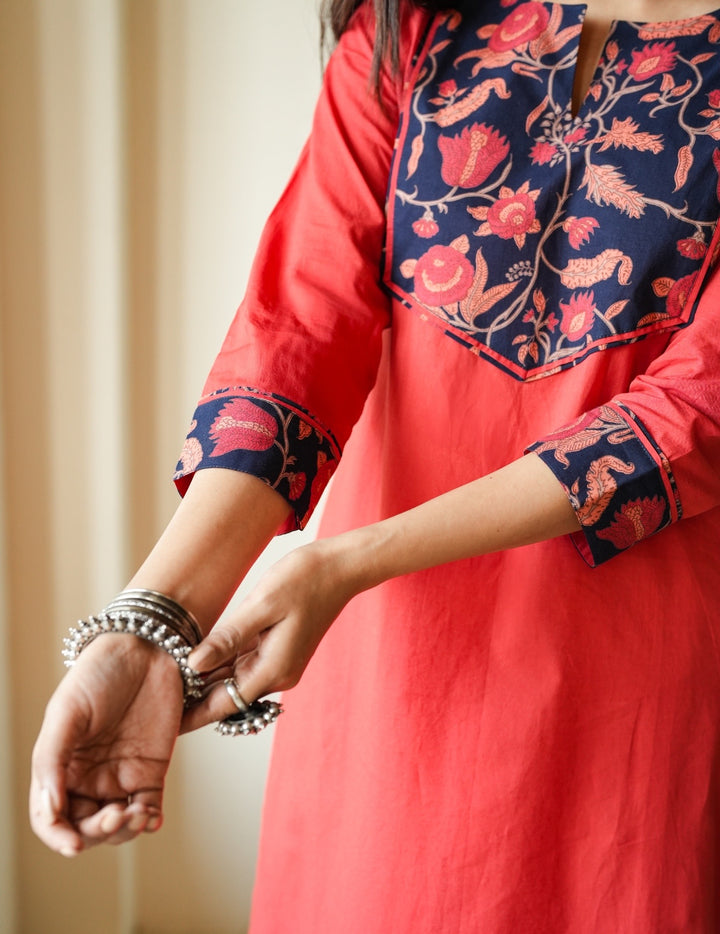 Rust Floral Yoke Cambric Cotton Kurta