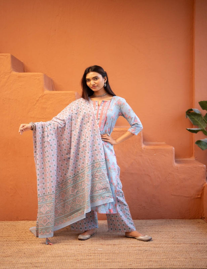 Aarohi Blue Blossom Cotton Kurta Set