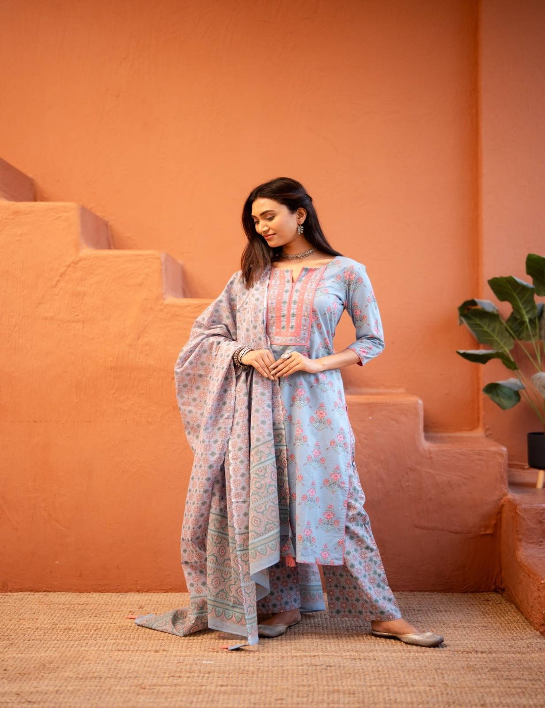 Aarohi Blue Blossom Cotton Kurta Set
