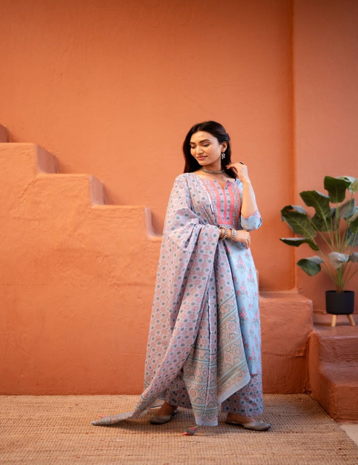 Aarohi Blue Blossom Cotton Kurta Set