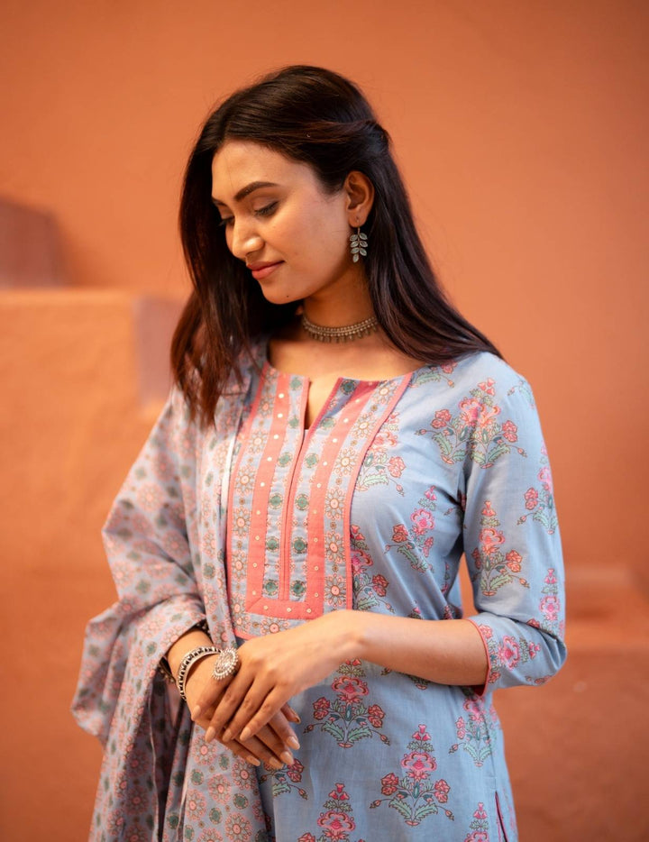 Aarohi Blue Blossom Cotton Kurta Set
