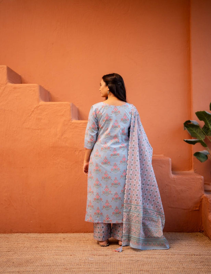 Aarohi Blue Blossom Cotton Kurta Set