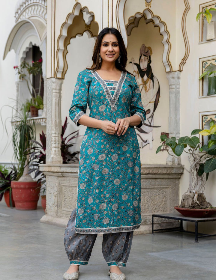 Grace in Teal - Cotton Kurta Set with Charisma