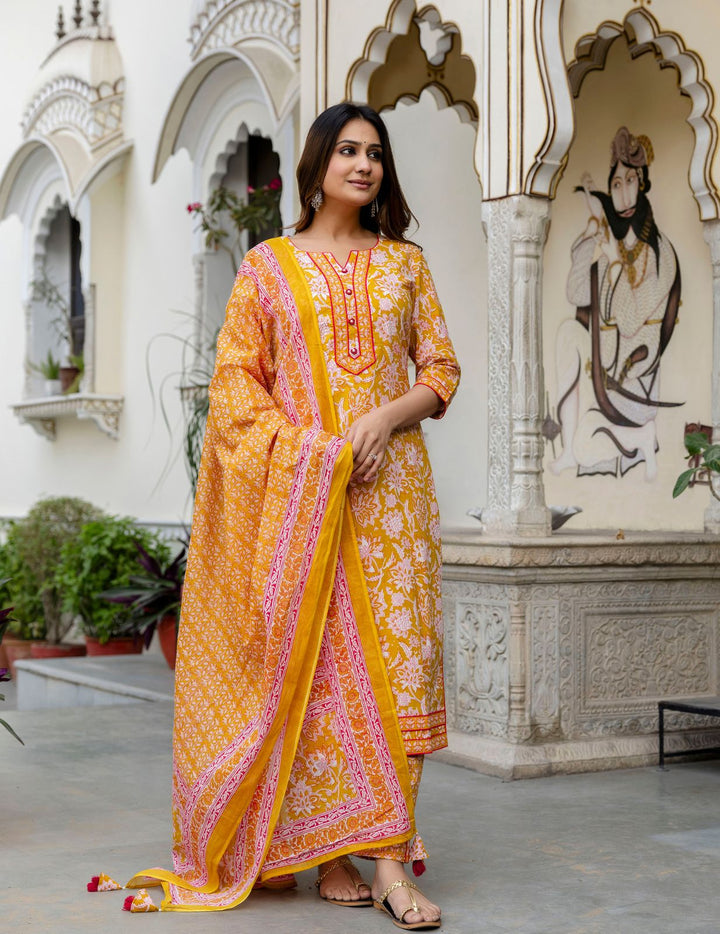 Radiance in Bloom - Yellow Cotton Kurta Set