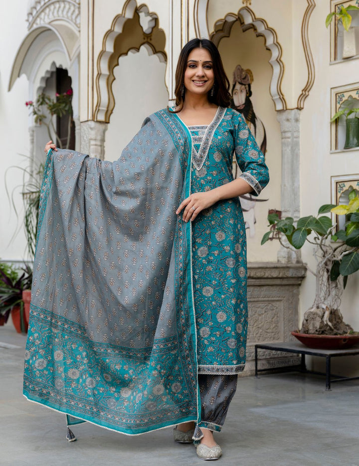 Grace in Teal - Cotton Kurta Set with Charisma