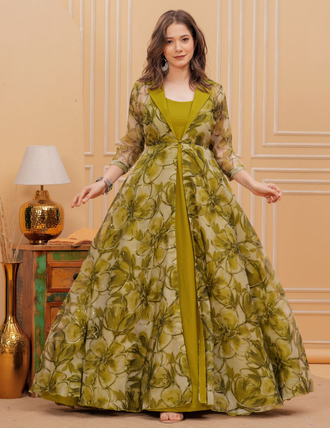 Flowy golden olive shrug dress tushti-apparels Flowy golden olive shrug dress tushti-apparels