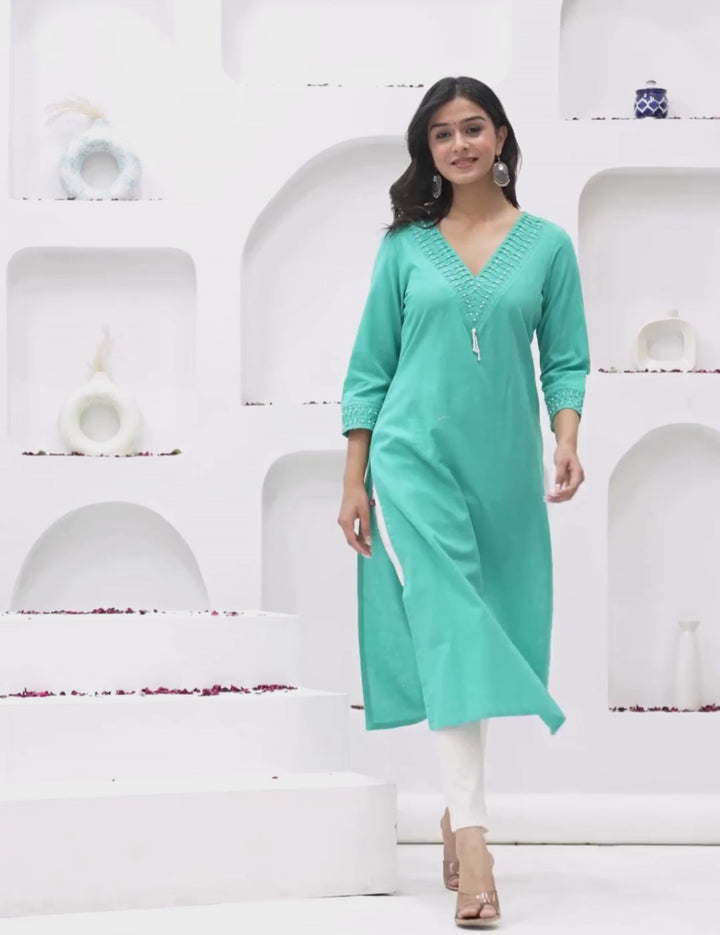 Turquoise Pearl-Embellished Kurta