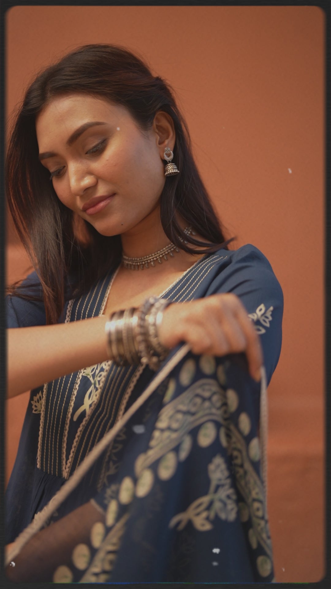 Navy Blue Floral Printed Pure Cotton Kurta Set with Dupatta