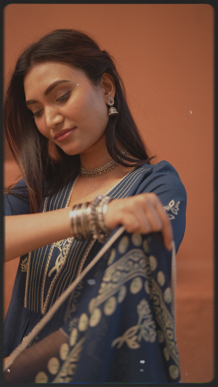 Navy Blue Floral Printed Pure Cotton Kurta Set with Dupatta